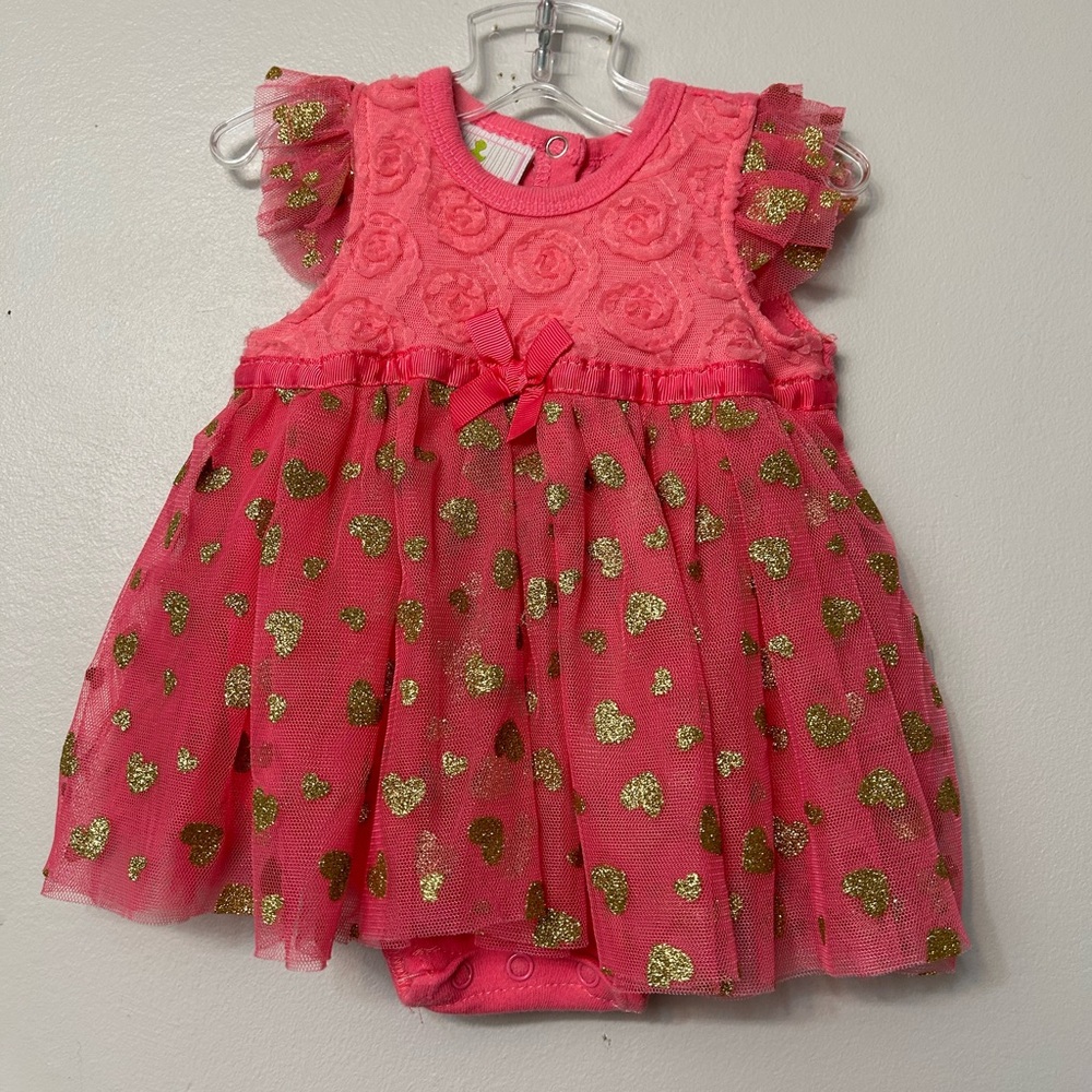 Duck Duck Goose Hot pink and gold tulle dress with onesie underneath. Size 3-6m